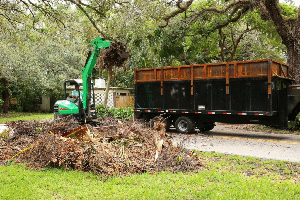A dump truck parked beside a large tree in a clear outdoor setting.