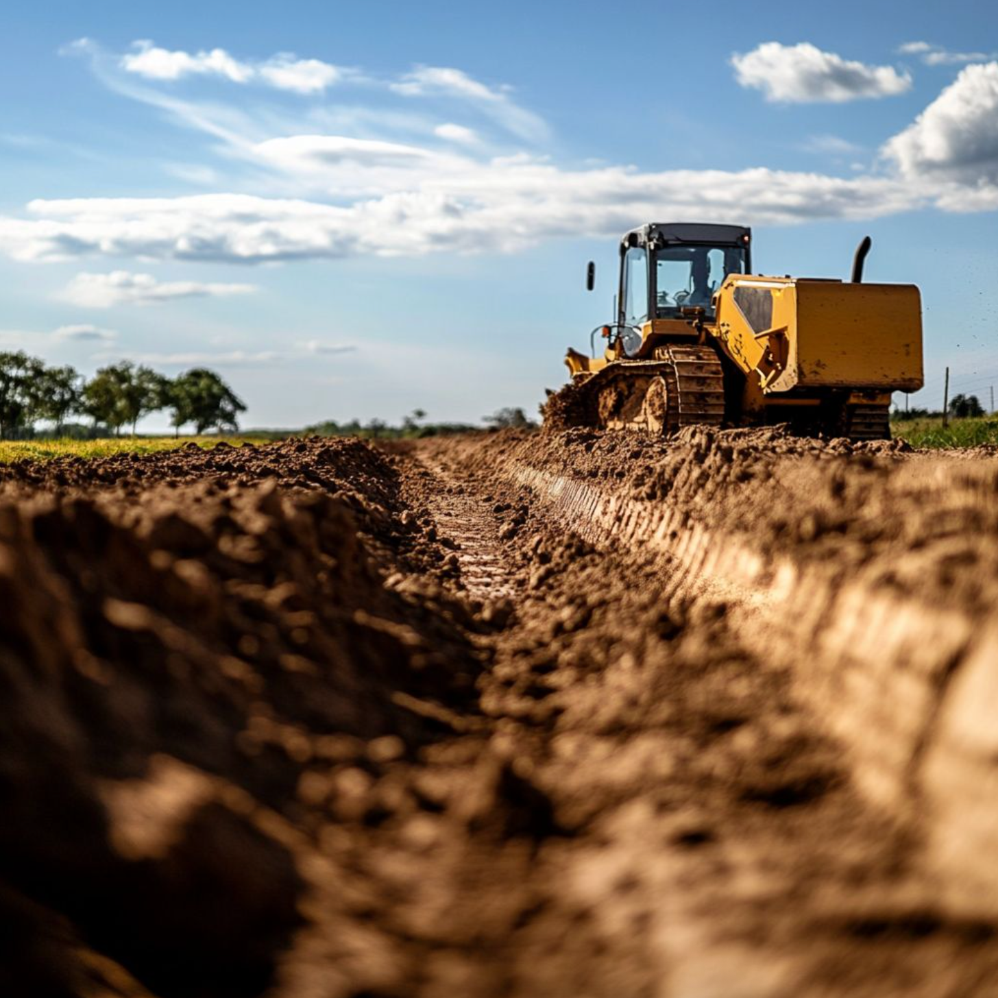 A bulldozer moves through a field, pushing dirt and debris as it clears the land for construction or landscaping.