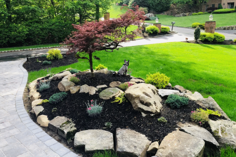 Landscaping design featuring a variety of rocks and trees arranged harmoniously in a natural setting.