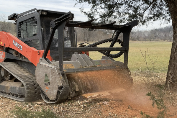 forestry-mulching-earthscape-innovations A red and black skid steer loader is actively working on a tree in a construction or landscaping setting.
